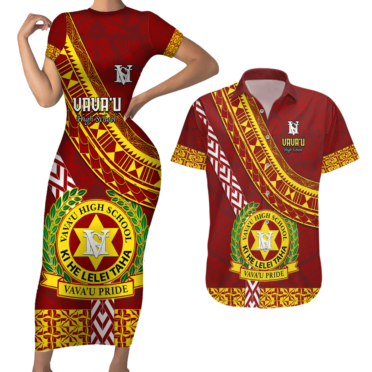 Custom Vavau High School Couples Matching Short Sleeve Bodycon Dress and Hawaiian Shirt Tongan Kupesi Pattern LT05 Red - Polynesian Pride