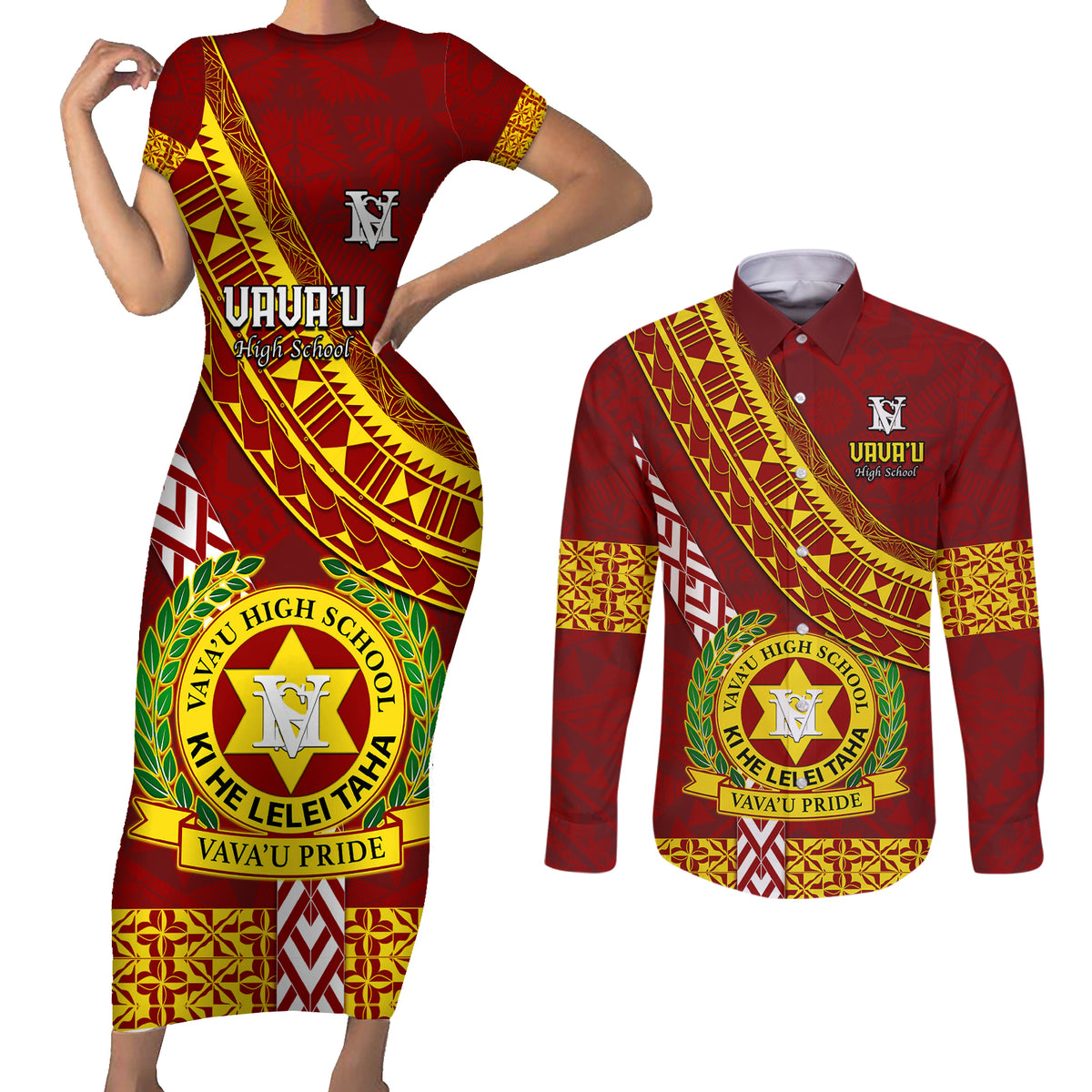 Custom Vavau High School Couples Matching Short Sleeve Bodycon Dress and Long Sleeve Button Shirts Tongan Kupesi Pattern LT05 Red - Polynesian Pride