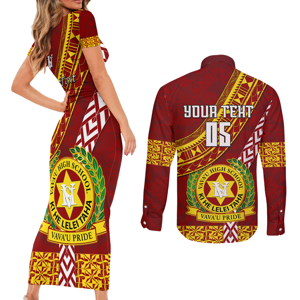 Custom Vavau High School Couples Matching Short Sleeve Bodycon Dress and Long Sleeve Button Shirts Tongan Kupesi Pattern LT05 - Polynesian Pride
