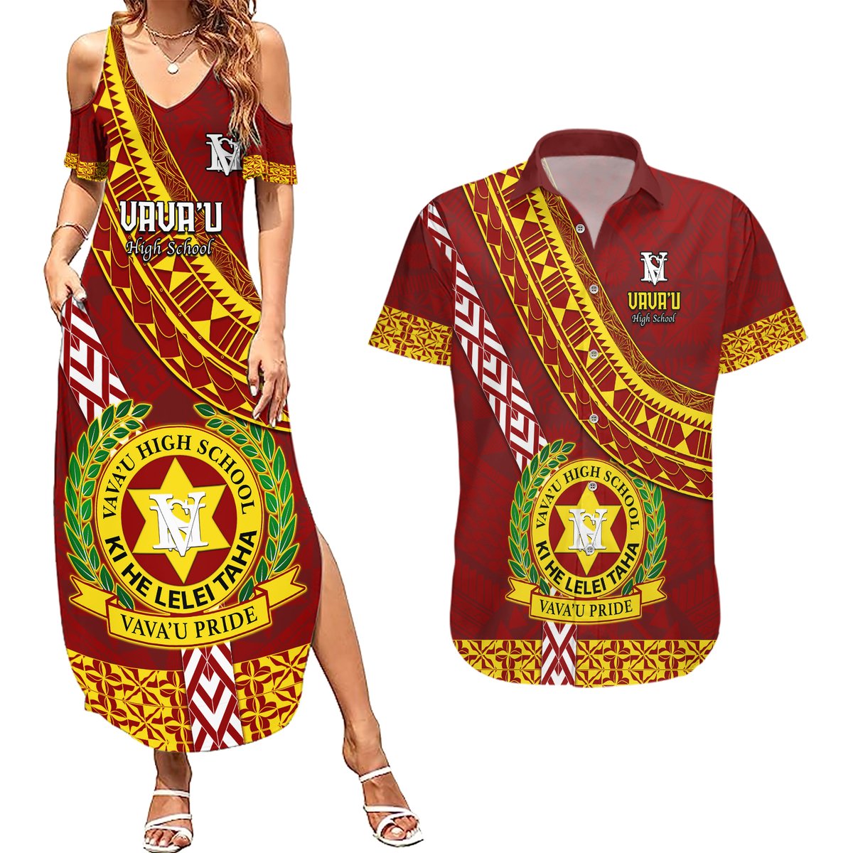 Custom Vavau High School Couples Matching Summer Maxi Dress and Hawaiian Shirt Tongan Kupesi Pattern LT05 Red - Polynesian Pride
