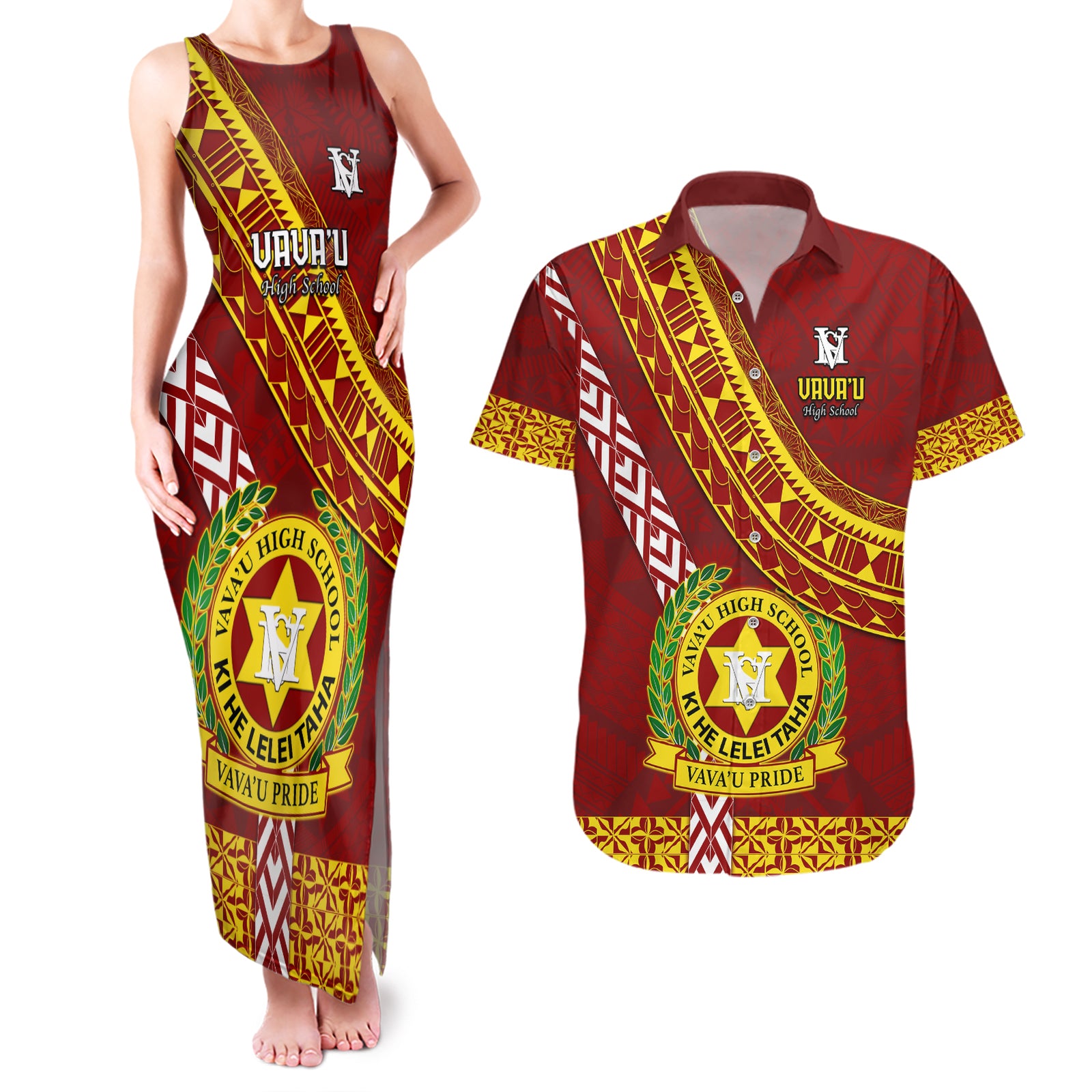 Custom Vavau High School Couples Matching Tank Maxi Dress and Hawaiian Shirt Tongan Kupesi Pattern LT05 Red - Polynesian Pride