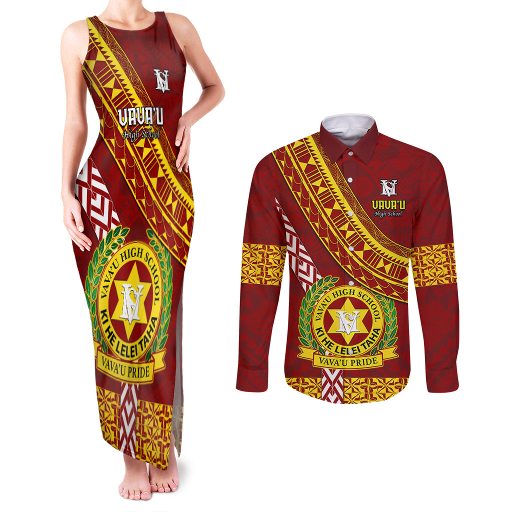 Custom Vavau High School Couples Matching Tank Maxi Dress and Long Sleeve Button Shirts Tongan Kupesi Pattern LT05 Red - Polynesian Pride
