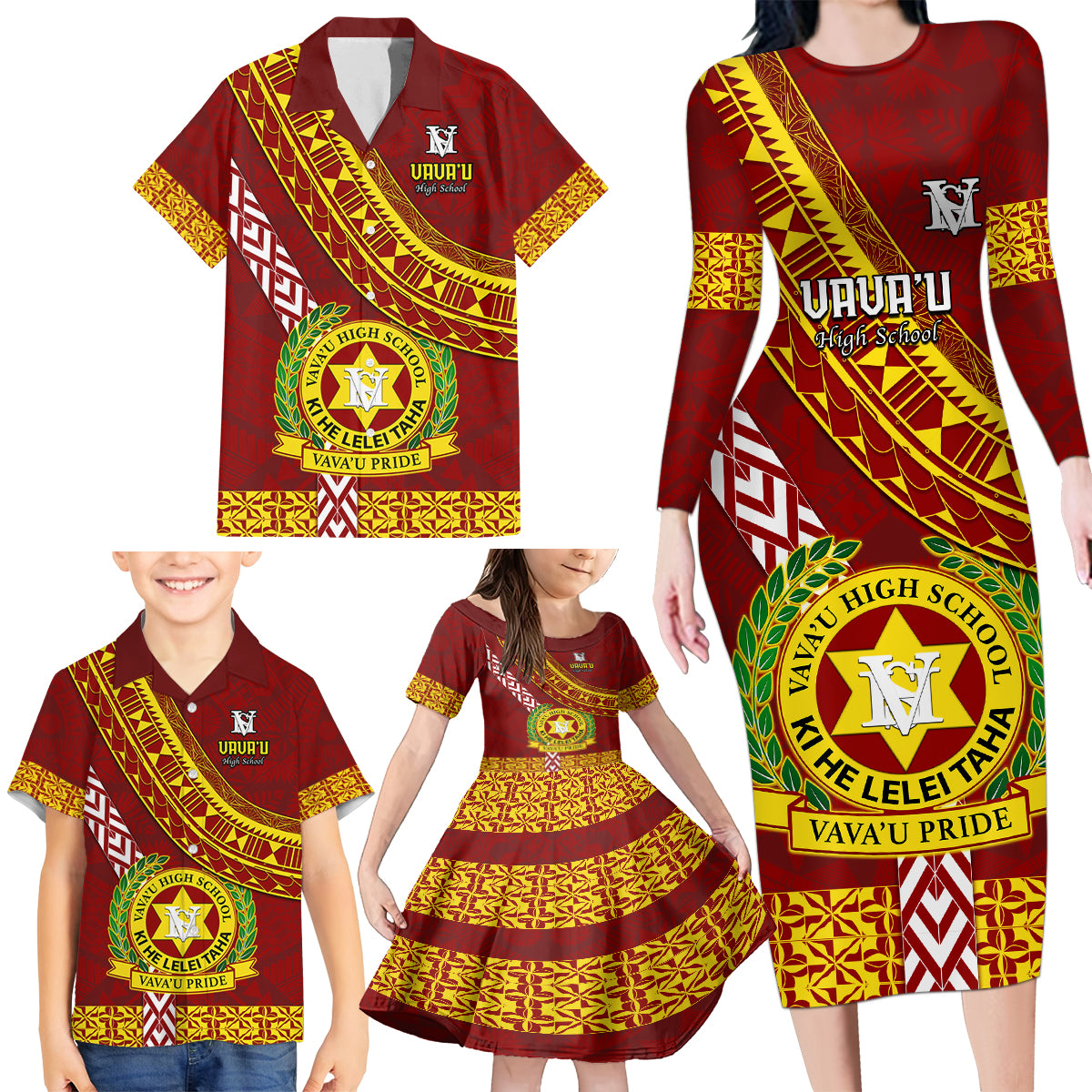 Custom Vavau High School Family Matching Long Sleeve Bodycon Dress and Hawaiian Shirt Tongan Kupesi Pattern LT05 - Polynesian Pride