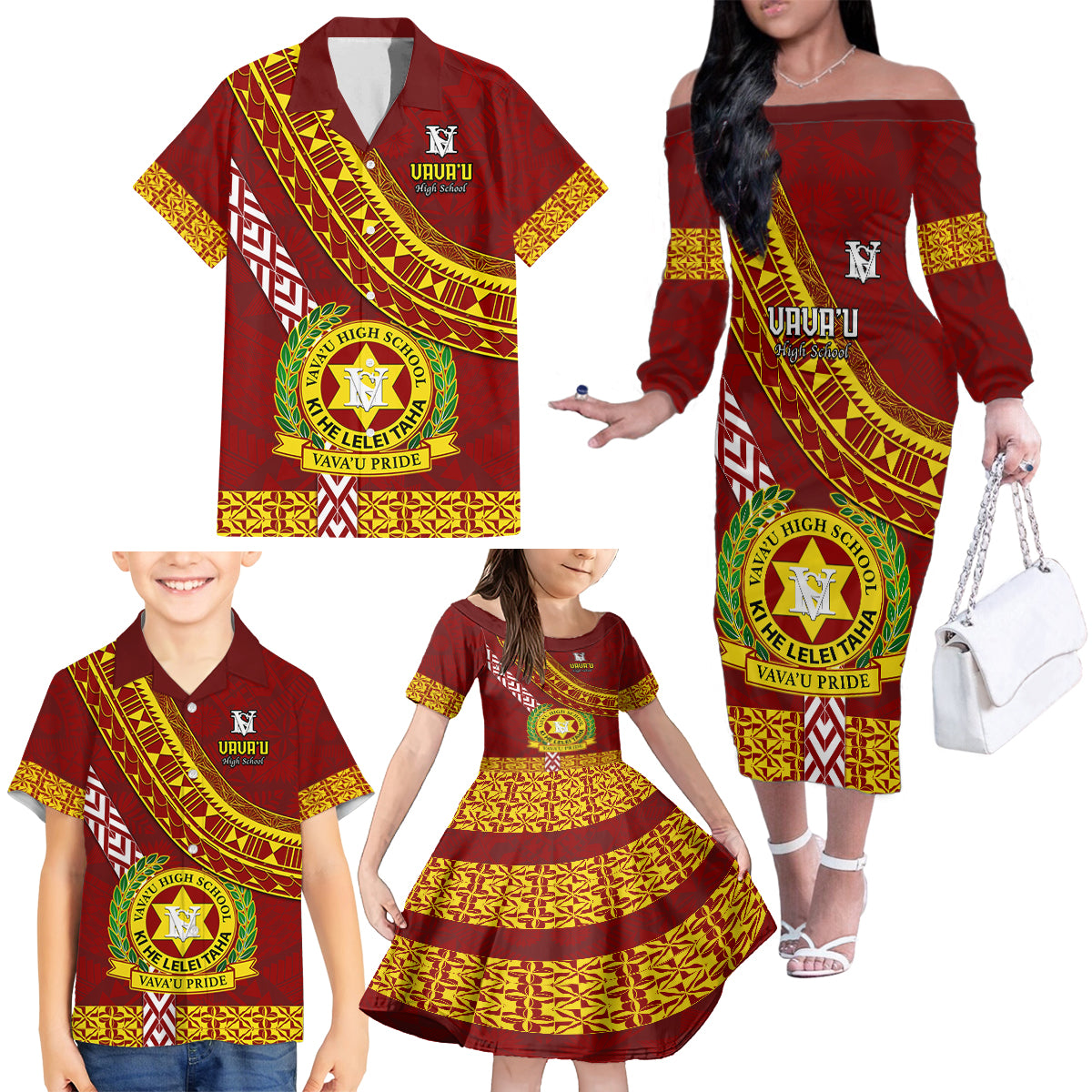 Custom Vavau High School Family Matching Off Shoulder Long Sleeve Dress and Hawaiian Shirt Tongan Kupesi Pattern LT05 - Polynesian Pride