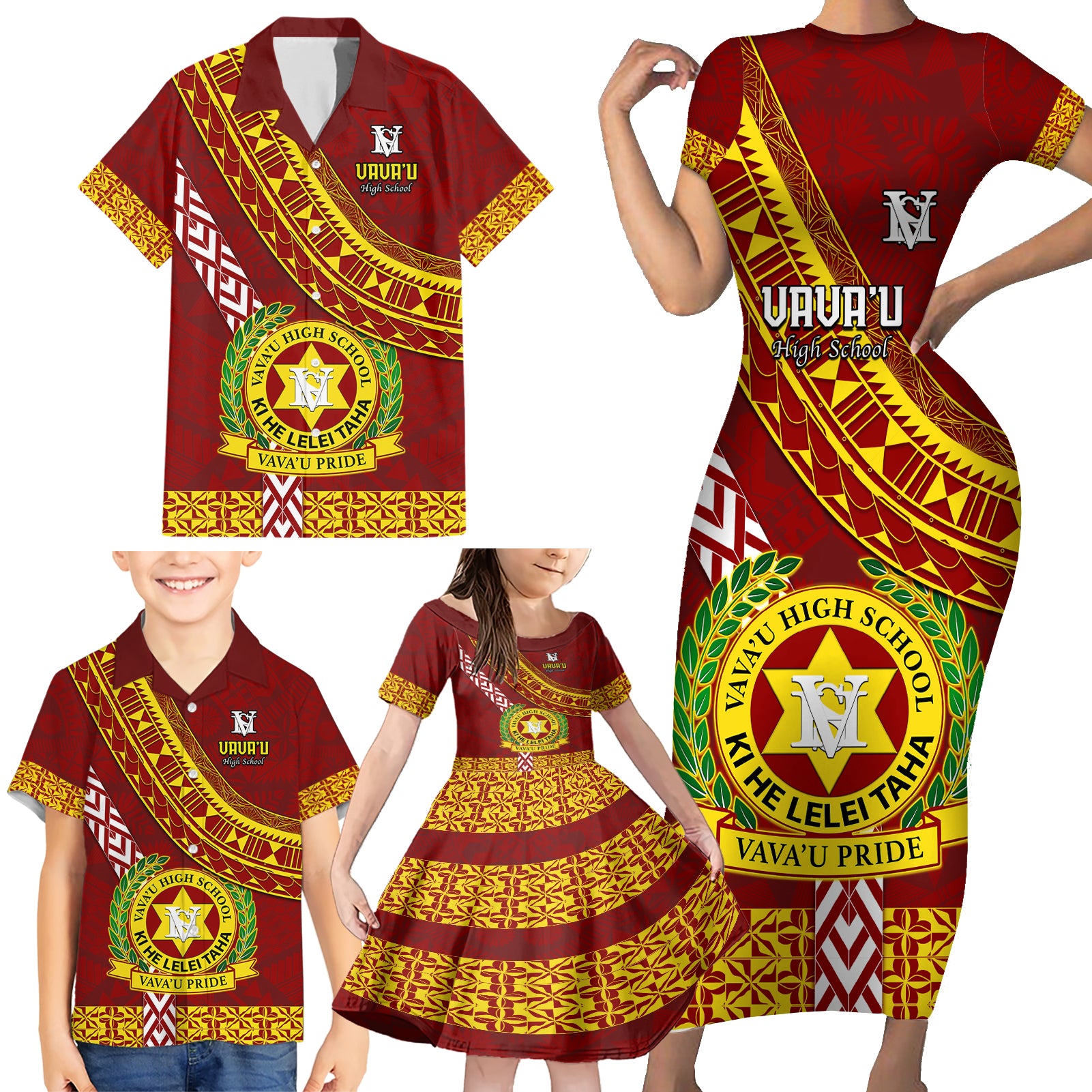 Custom Vavau High School Family Matching Short Sleeve Bodycon Dress and Hawaiian Shirt Tongan Kupesi Pattern LT05 - Polynesian Pride