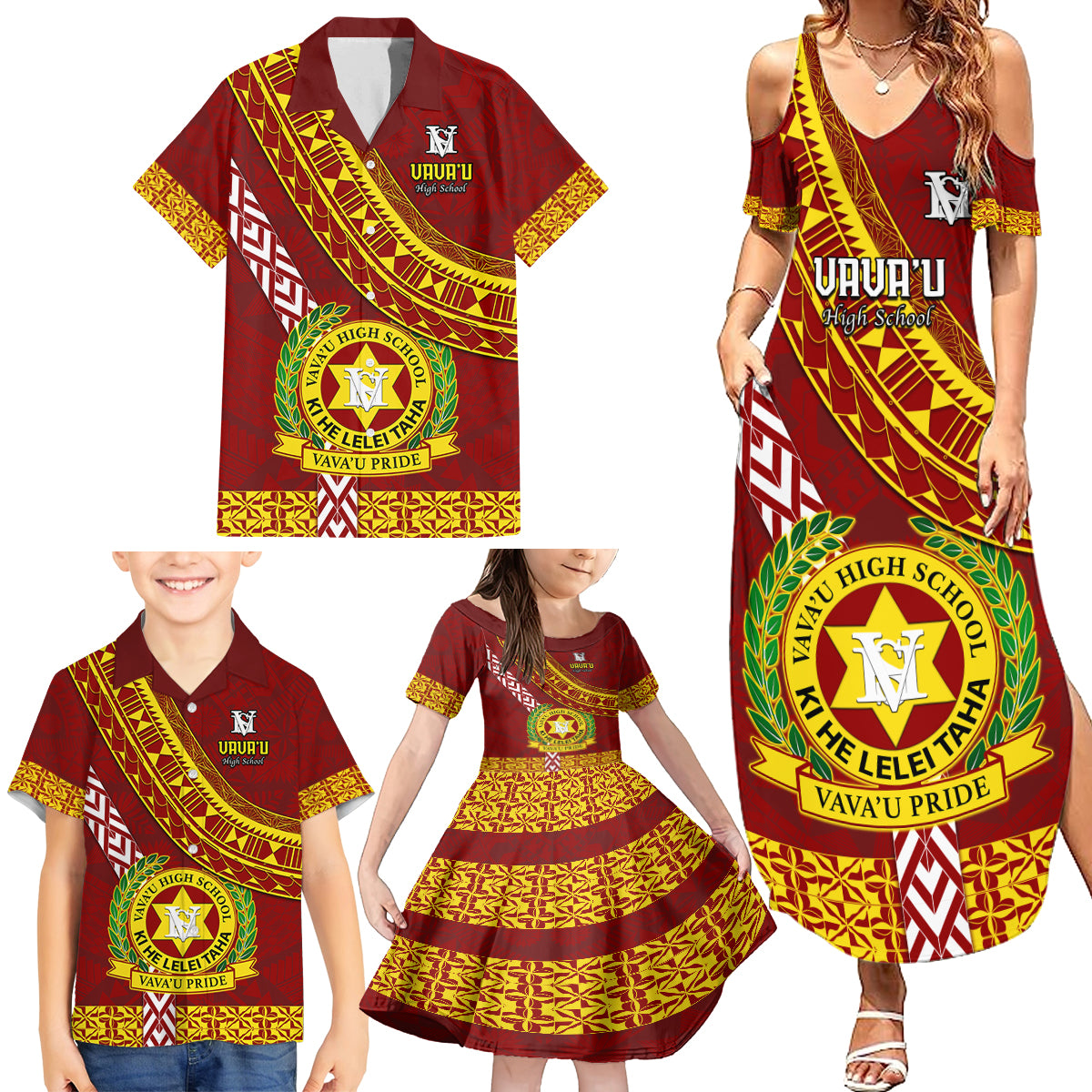 Custom Vavau High School Family Matching Summer Maxi Dress and Hawaiian Shirt Tongan Kupesi Pattern LT05 - Polynesian Pride