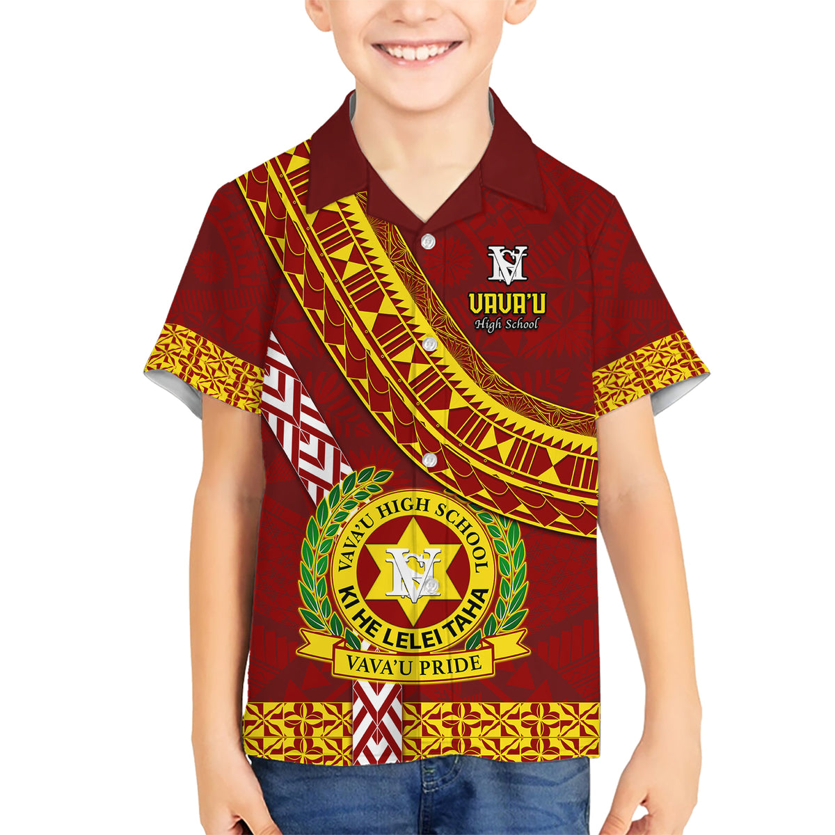 Custom Vavau High School Kid Hawaiian Shirt Tongan Kupesi Pattern LT05 Kid Red - Polynesian Pride