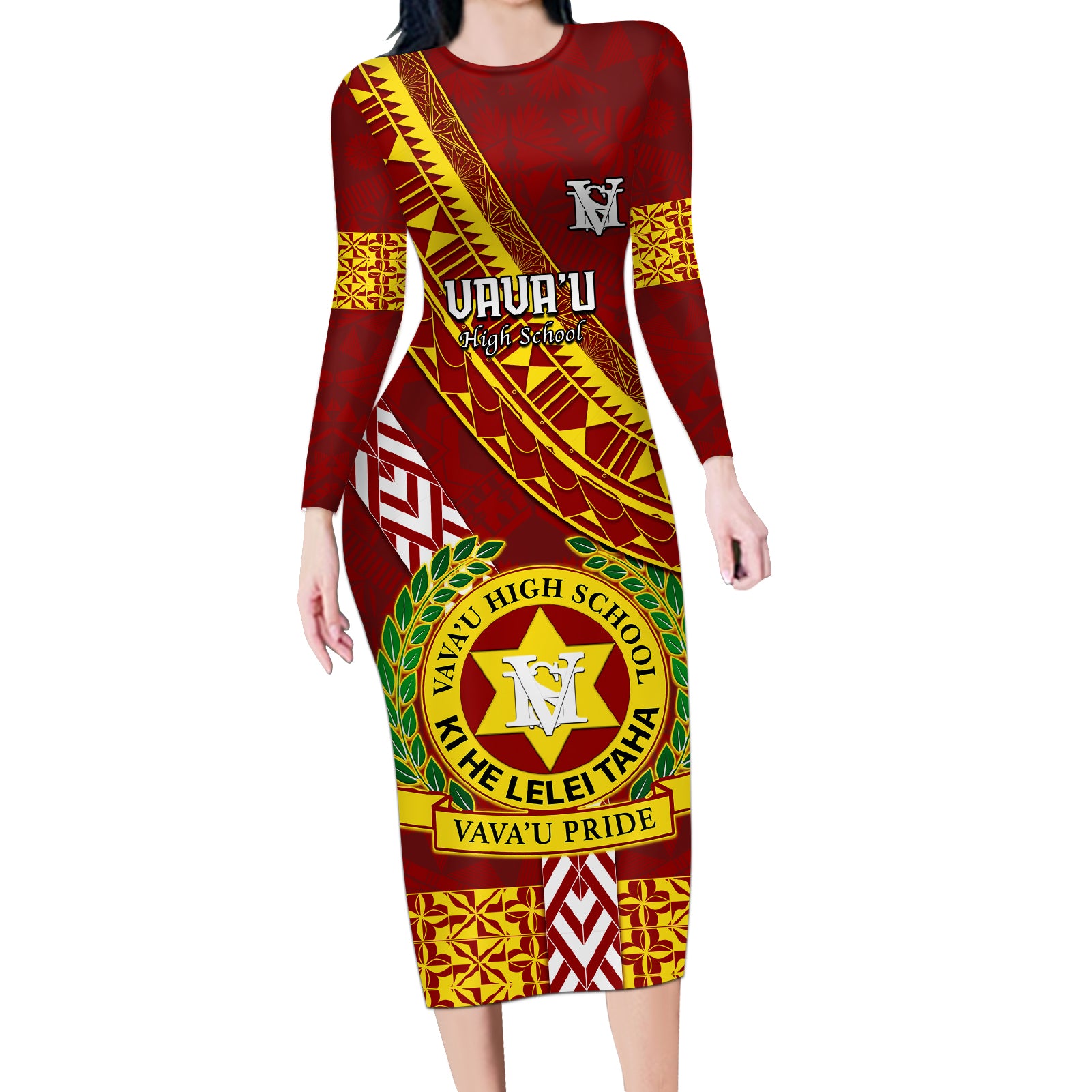 custom-vavau-high-school-long-sleeve-bodycon-dress-tongan-kupesi-pattern