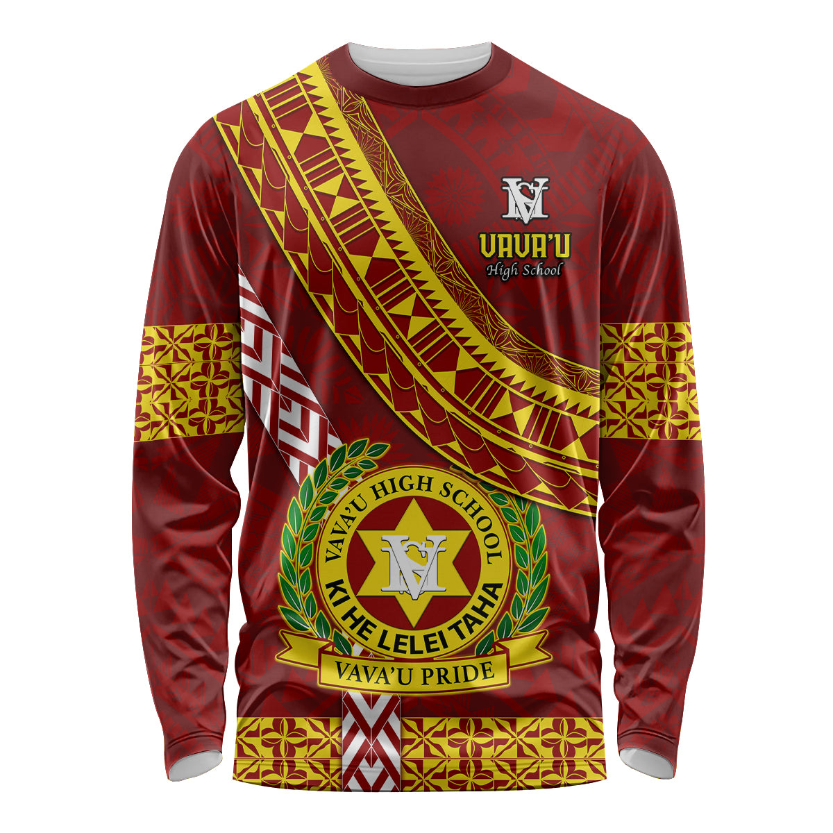 Custom Vavau High School Long Sleeve Shirt Tongan Kupesi Pattern LT05 Unisex Red - Polynesian Pride