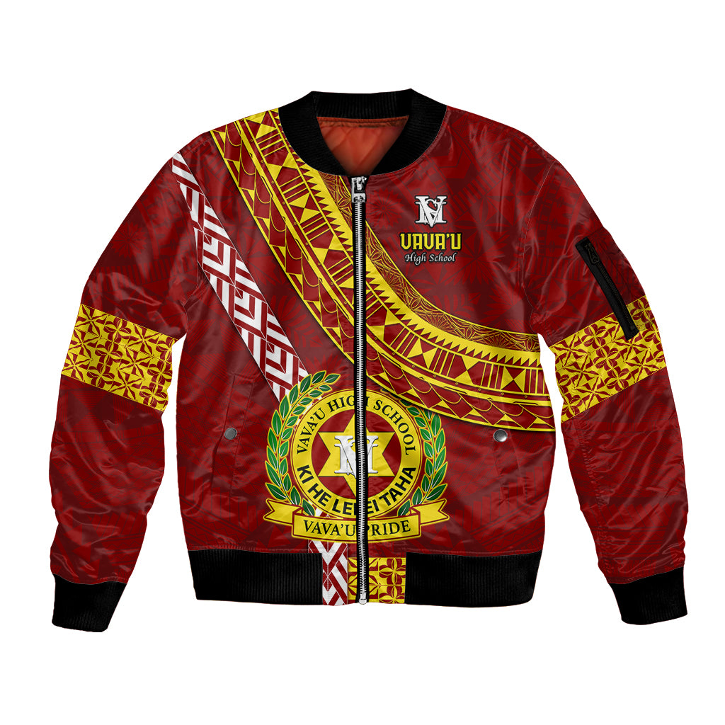 Custom Vavau High School Sleeve Zip Bomber Jacket Tongan Kupesi Pattern LT05 Unisex Red - Polynesian Pride