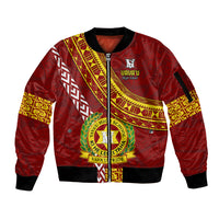 Custom Vavau High School Sleeve Zip Bomber Jacket Tongan Kupesi Pattern LT05 Unisex Red - Polynesian Pride