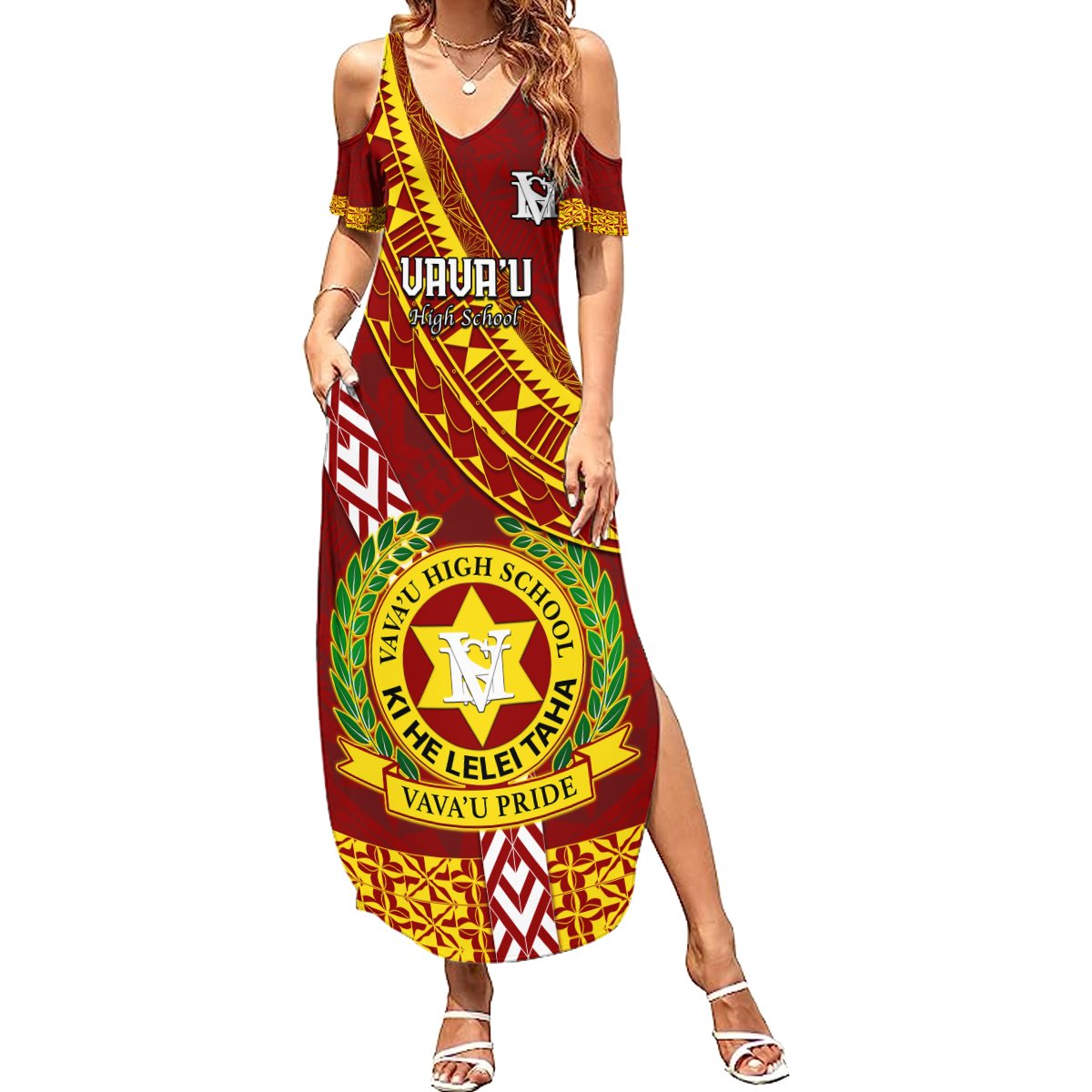 Custom Vavau High School Summer Maxi Dress Tongan Kupesi Pattern LT05 Women Red - Polynesian Pride