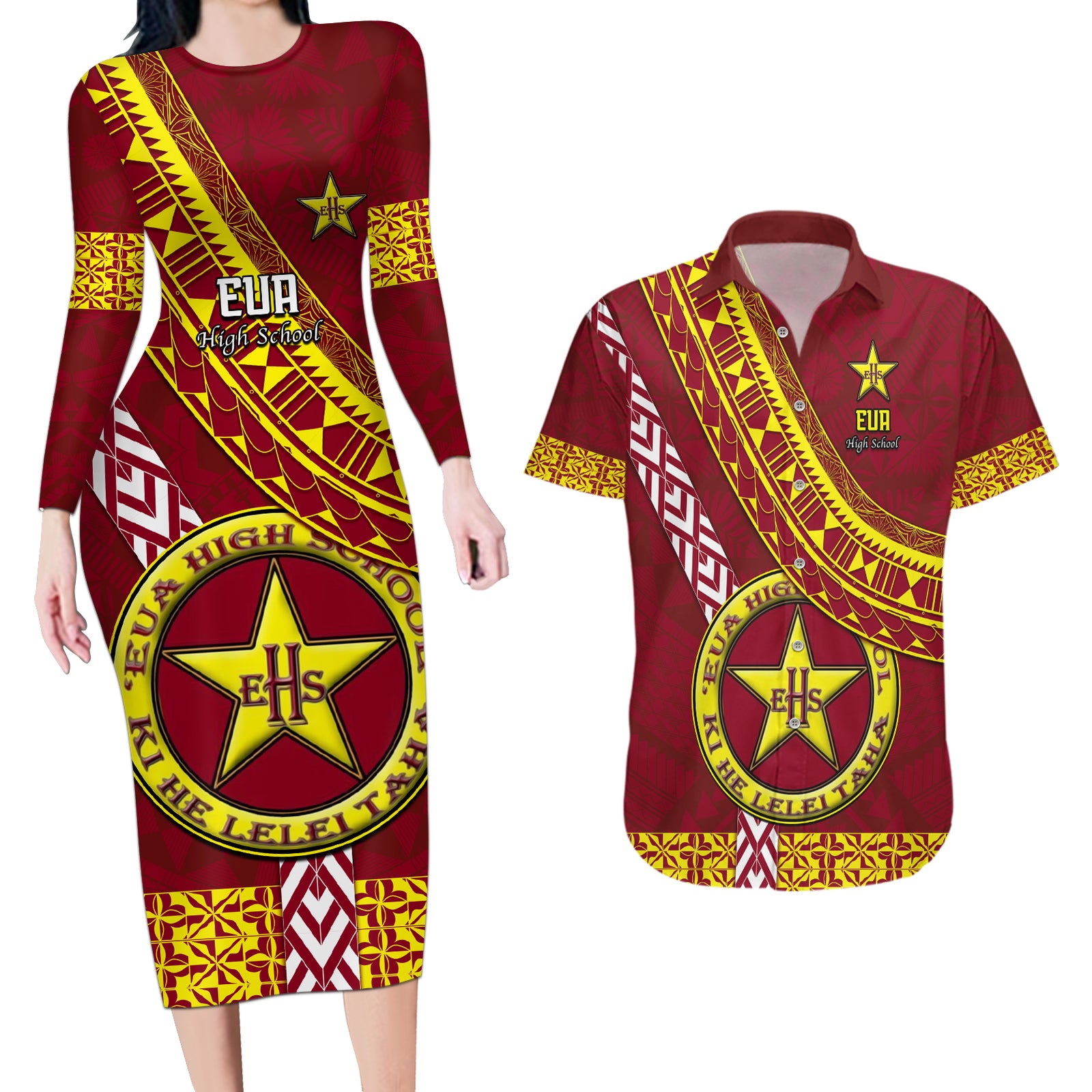 Custom Eua High School Couples Matching Long Sleeve Bodycon Dress and Hawaiian Shirt Tongan Kupesi Pattern LT05 Red - Polynesian Pride