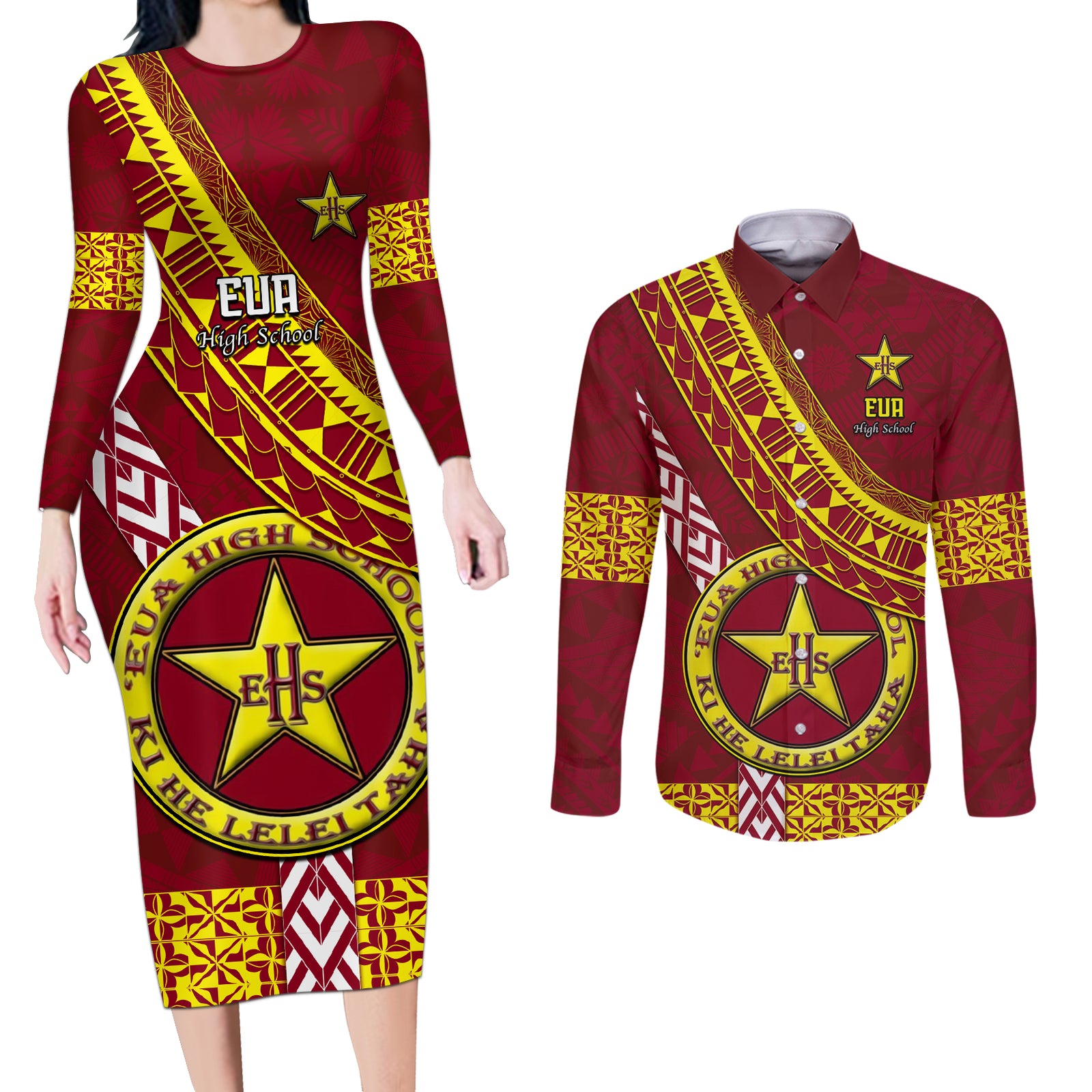 Custom Eua High School Couples Matching Long Sleeve Bodycon Dress and Long Sleeve Button Shirts Tongan Kupesi Pattern LT05 Red - Polynesian Pride