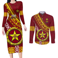 Custom Eua High School Couples Matching Long Sleeve Bodycon Dress and Long Sleeve Button Shirts Tongan Kupesi Pattern LT05 Red - Polynesian Pride