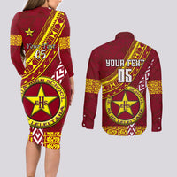 Custom Eua High School Couples Matching Long Sleeve Bodycon Dress and Long Sleeve Button Shirts Tongan Kupesi Pattern LT05 - Polynesian Pride