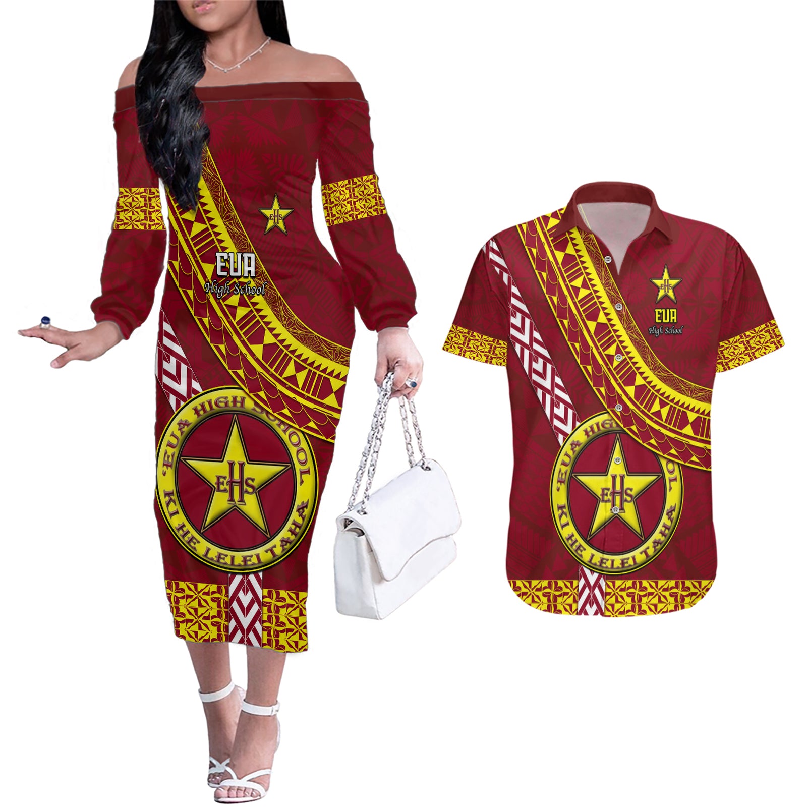 Custom Eua High School Couples Matching Off The Shoulder Long Sleeve Dress and Hawaiian Shirt Tongan Kupesi Pattern LT05 Red - Polynesian Pride