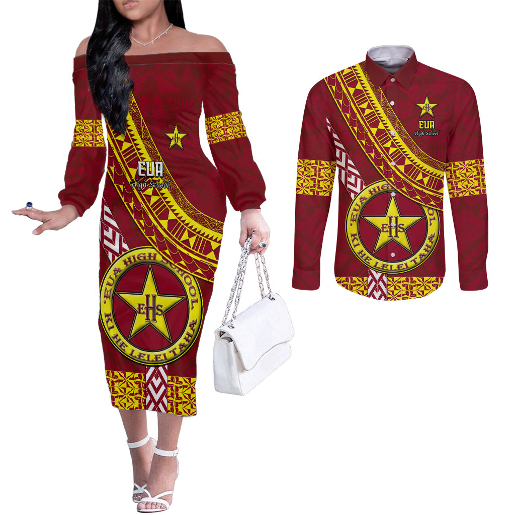 Custom Eua High School Couples Matching Off The Shoulder Long Sleeve Dress and Long Sleeve Button Shirts Tongan Kupesi Pattern LT05 Red - Polynesian Pride