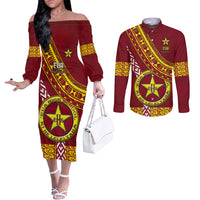 Custom Eua High School Couples Matching Off The Shoulder Long Sleeve Dress and Long Sleeve Button Shirts Tongan Kupesi Pattern LT05 Red - Polynesian Pride