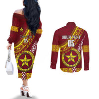 Custom Eua High School Couples Matching Off The Shoulder Long Sleeve Dress and Long Sleeve Button Shirts Tongan Kupesi Pattern LT05 - Polynesian Pride