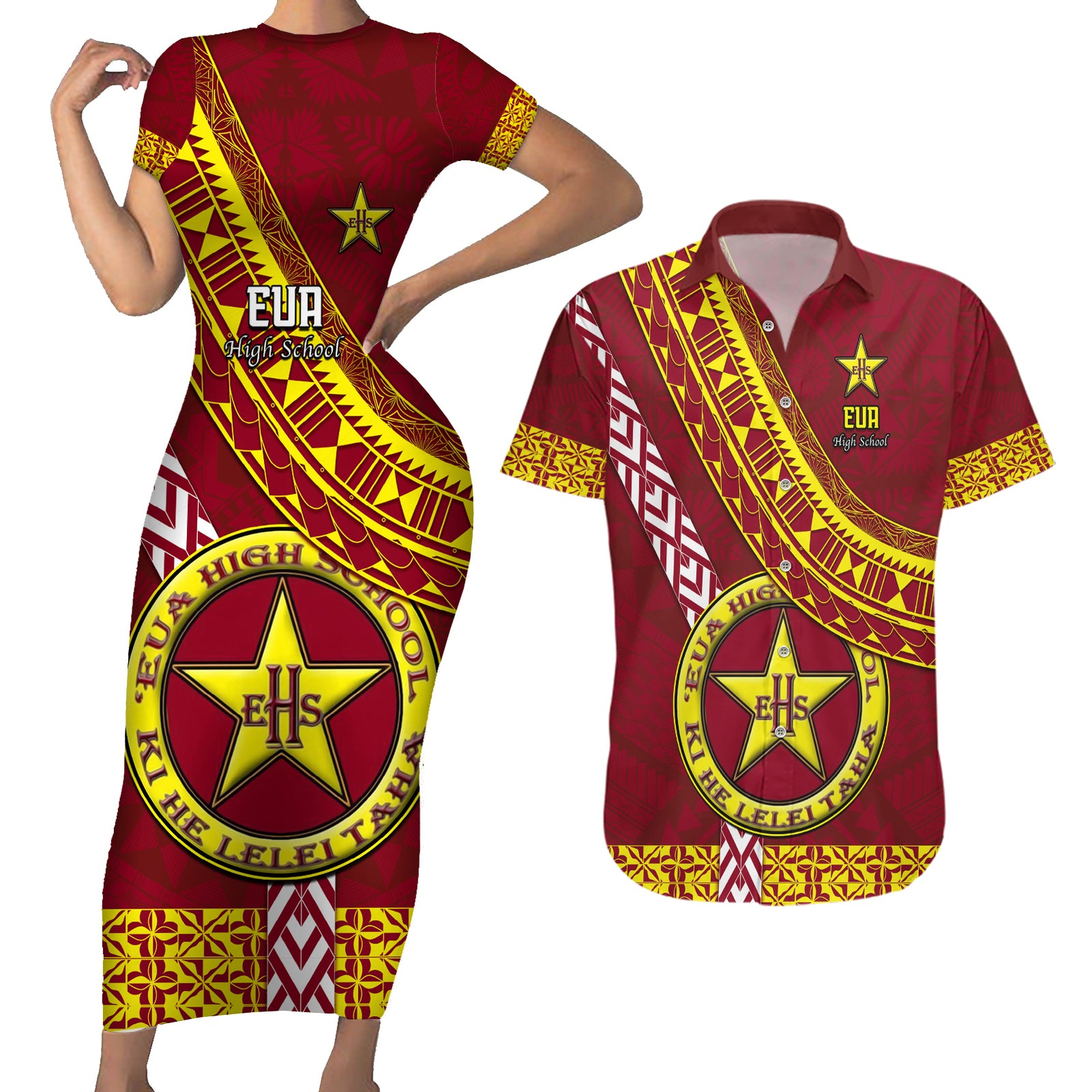 Custom Eua High School Couples Matching Short Sleeve Bodycon Dress and Hawaiian Shirt Tongan Kupesi Pattern LT05 Red - Polynesian Pride