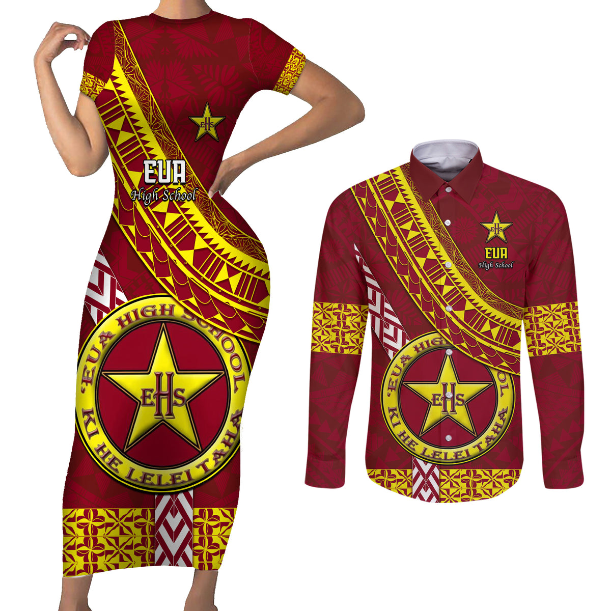 Custom Eua High School Couples Matching Short Sleeve Bodycon Dress and Long Sleeve Button Shirts Tongan Kupesi Pattern LT05 Red - Polynesian Pride