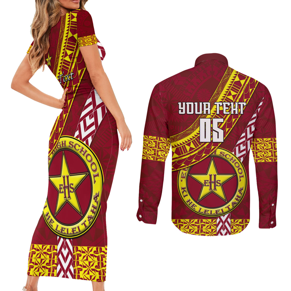 Custom Eua High School Couples Matching Short Sleeve Bodycon Dress and Long Sleeve Button Shirts Tongan Kupesi Pattern LT05 - Polynesian Pride