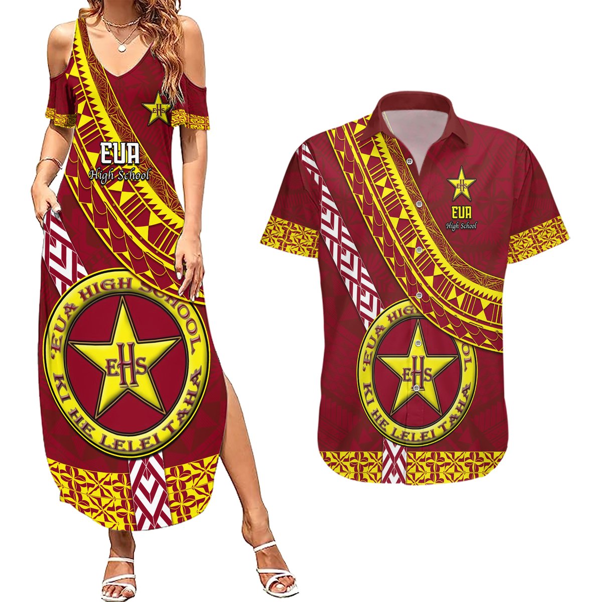 Custom Eua High School Couples Matching Summer Maxi Dress and Hawaiian Shirt Tongan Kupesi Pattern LT05 Red - Polynesian Pride