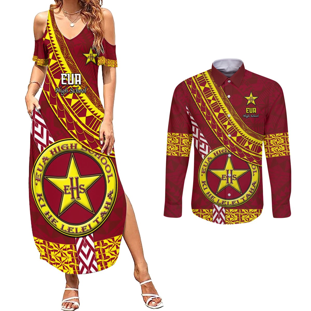 Custom Eua High School Couples Matching Summer Maxi Dress and Long Sleeve Button Shirts Tongan Kupesi Pattern LT05 Red - Polynesian Pride