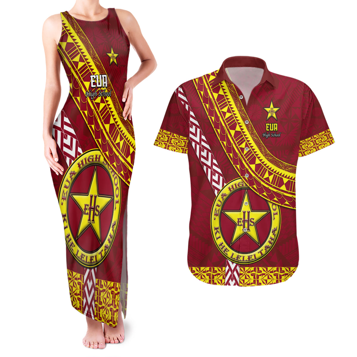 Custom Eua High School Couples Matching Tank Maxi Dress and Hawaiian Shirt Tongan Kupesi Pattern LT05 Red - Polynesian Pride