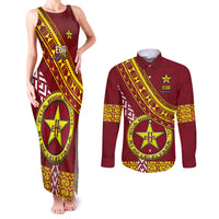 Custom Eua High School Couples Matching Tank Maxi Dress and Long Sleeve Button Shirts Tongan Kupesi Pattern LT05 Red - Polynesian Pride