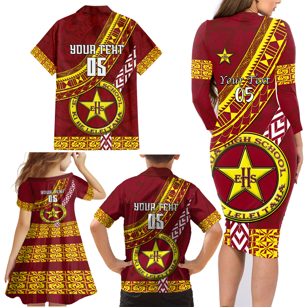 Custom Eua High School Family Matching Long Sleeve Bodycon Dress and Hawaiian Shirt Tongan Kupesi Pattern LT05 - Polynesian Pride