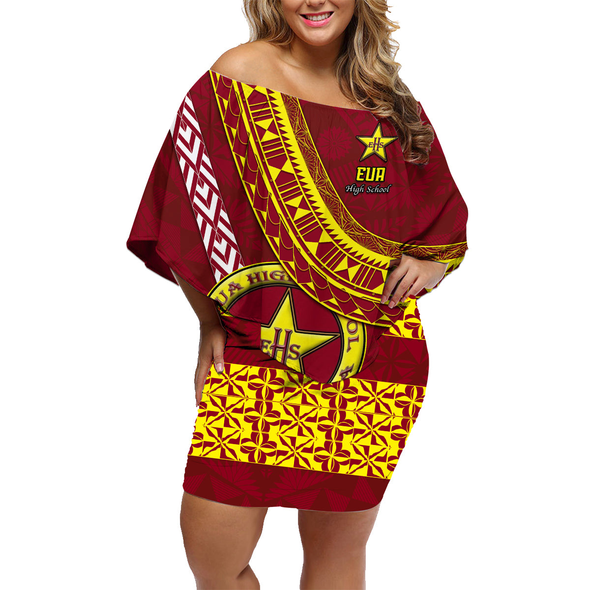 Custom Eua High School Family Matching Off Shoulder Short Dress and Hawaiian Shirt Tongan Kupesi Pattern LT05 Mom's Dress Red - Polynesian Pride