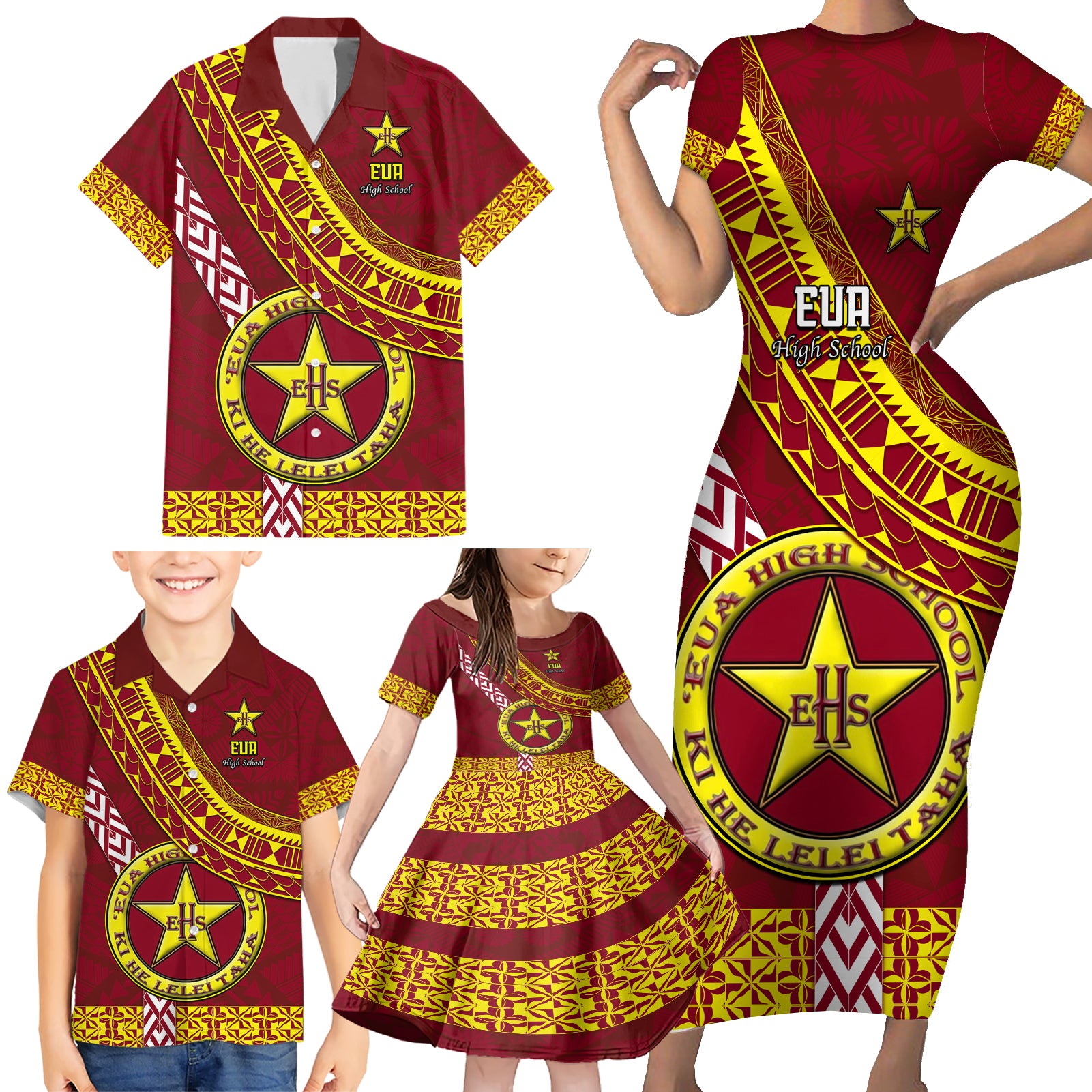 Custom Eua High School Family Matching Short Sleeve Bodycon Dress and Hawaiian Shirt Tongan Kupesi Pattern LT05 - Polynesian Pride