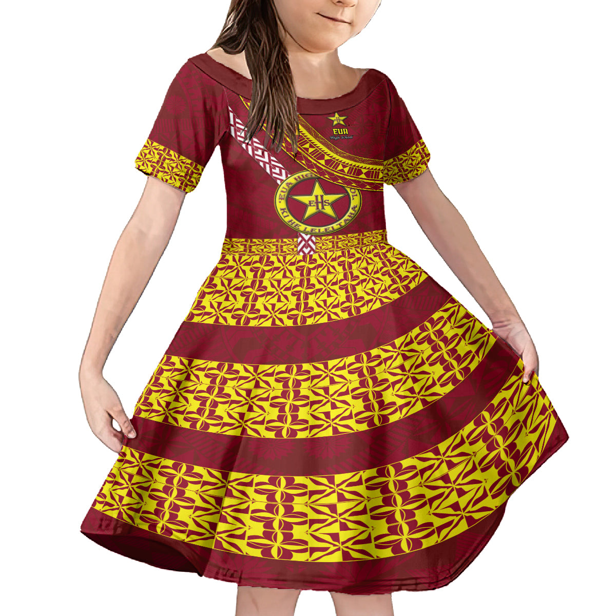 Custom Eua High School Kid Short Sleeve Dress Tongan Kupesi Pattern LT05 KID Red - Polynesian Pride