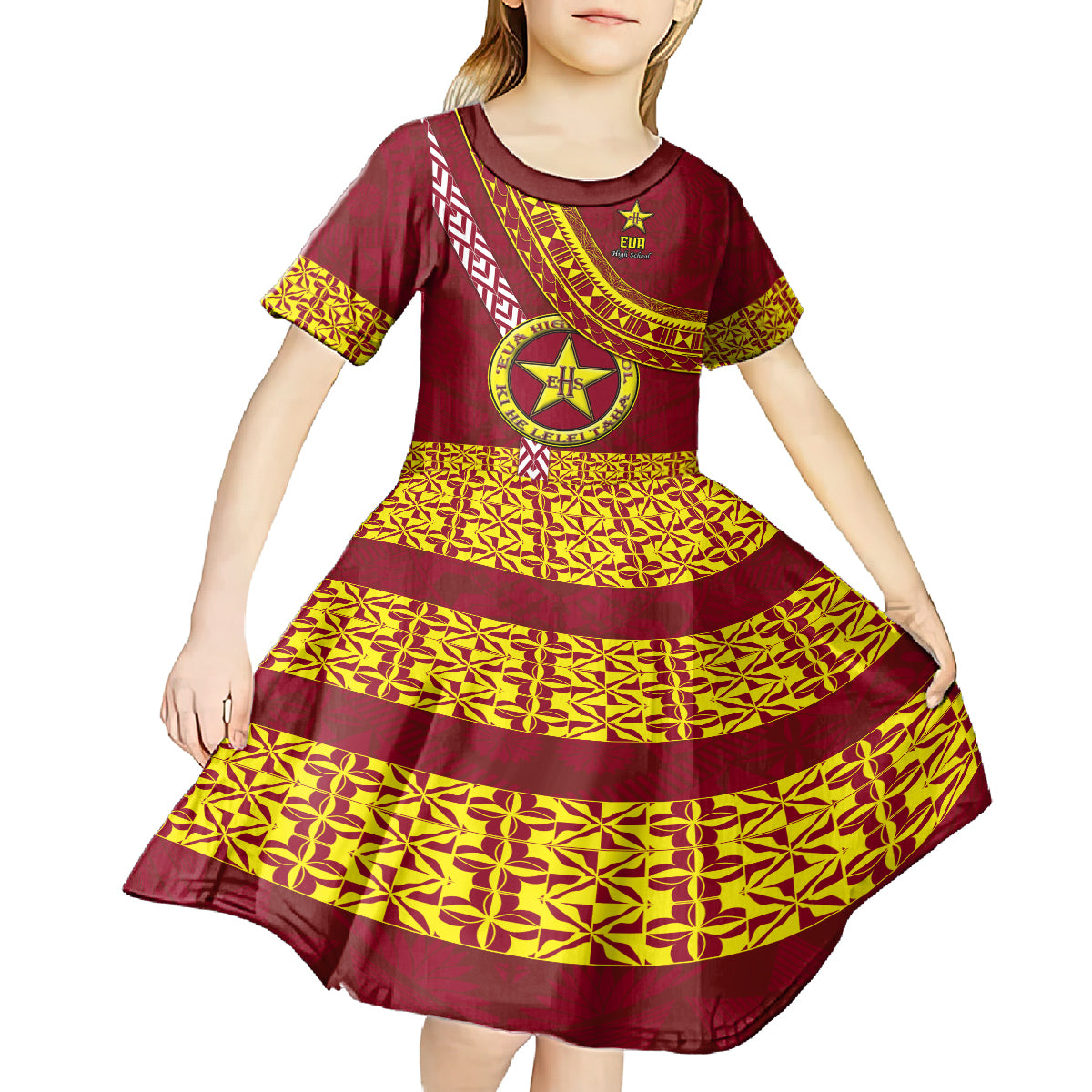 Custom Eua High School Kid Short Sleeve Dress Tongan Kupesi Pattern LT05 - Polynesian Pride