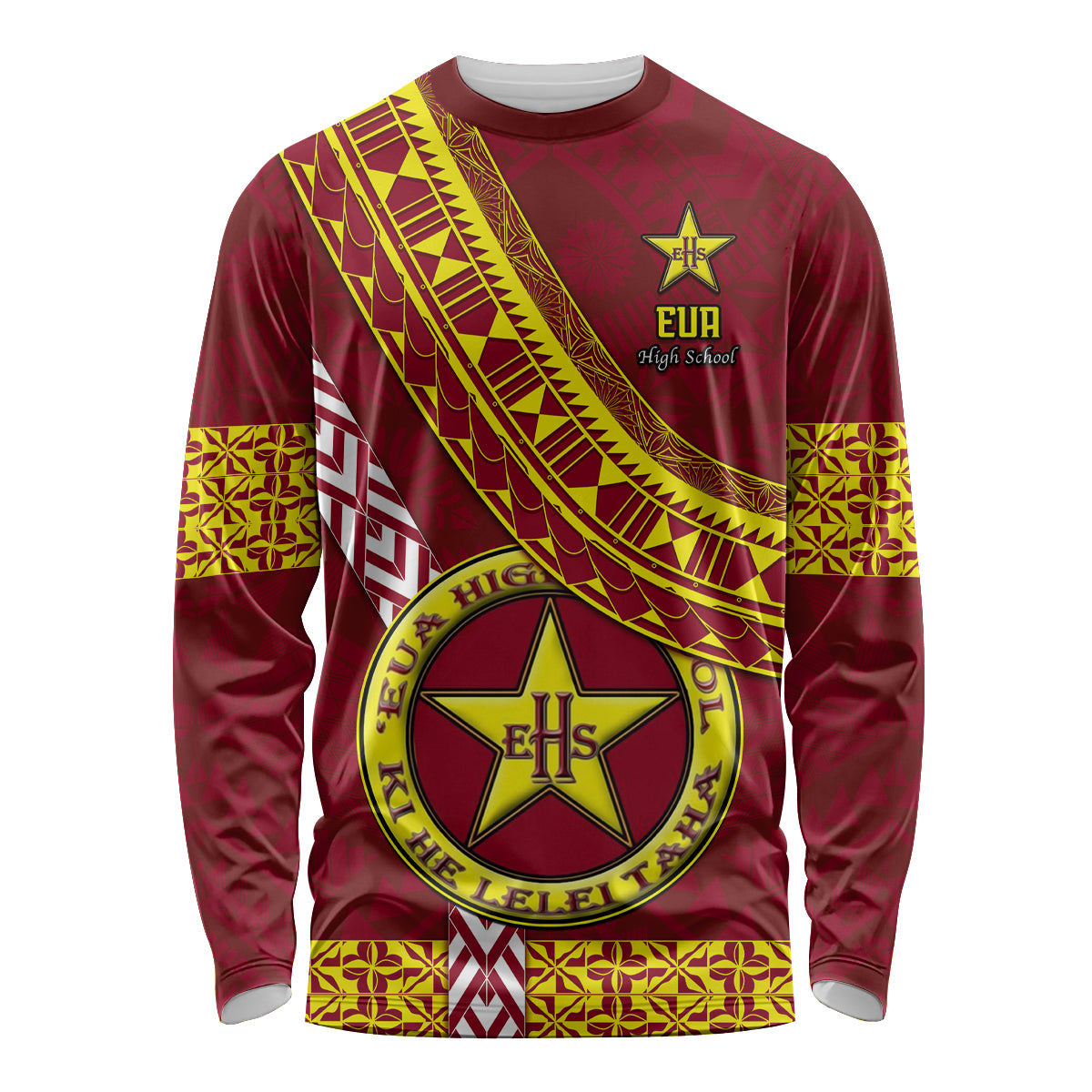 Custom Eua High School Long Sleeve Shirt Tongan Kupesi Pattern LT05 Unisex Red - Polynesian Pride