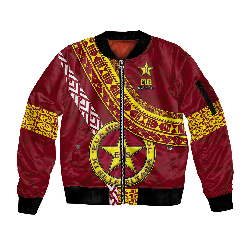Custom Eua High School Sleeve Zip Bomber Jacket Tongan Kupesi Pattern LT05 Unisex Red - Polynesian Pride
