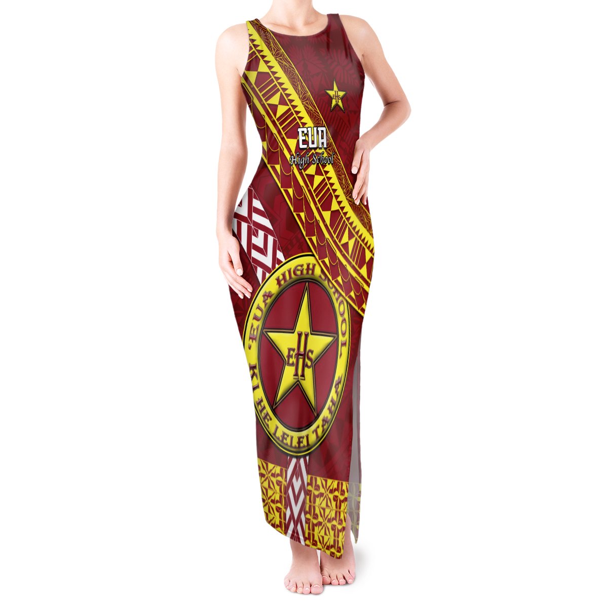 Custom Eua High School Tank Maxi Dress Tongan Kupesi Pattern LT05 Women Red - Polynesian Pride
