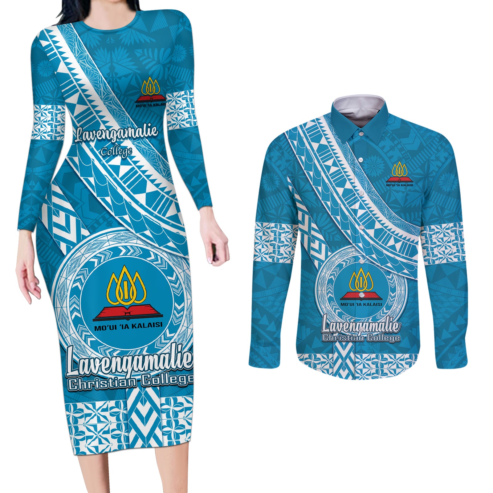 Custom Lavengamalie College Couples Matching Long Sleeve Bodycon Dress and Long Sleeve Button Shirts Tongan Kupesi Pattern LT05 Blue - Polynesian Pride