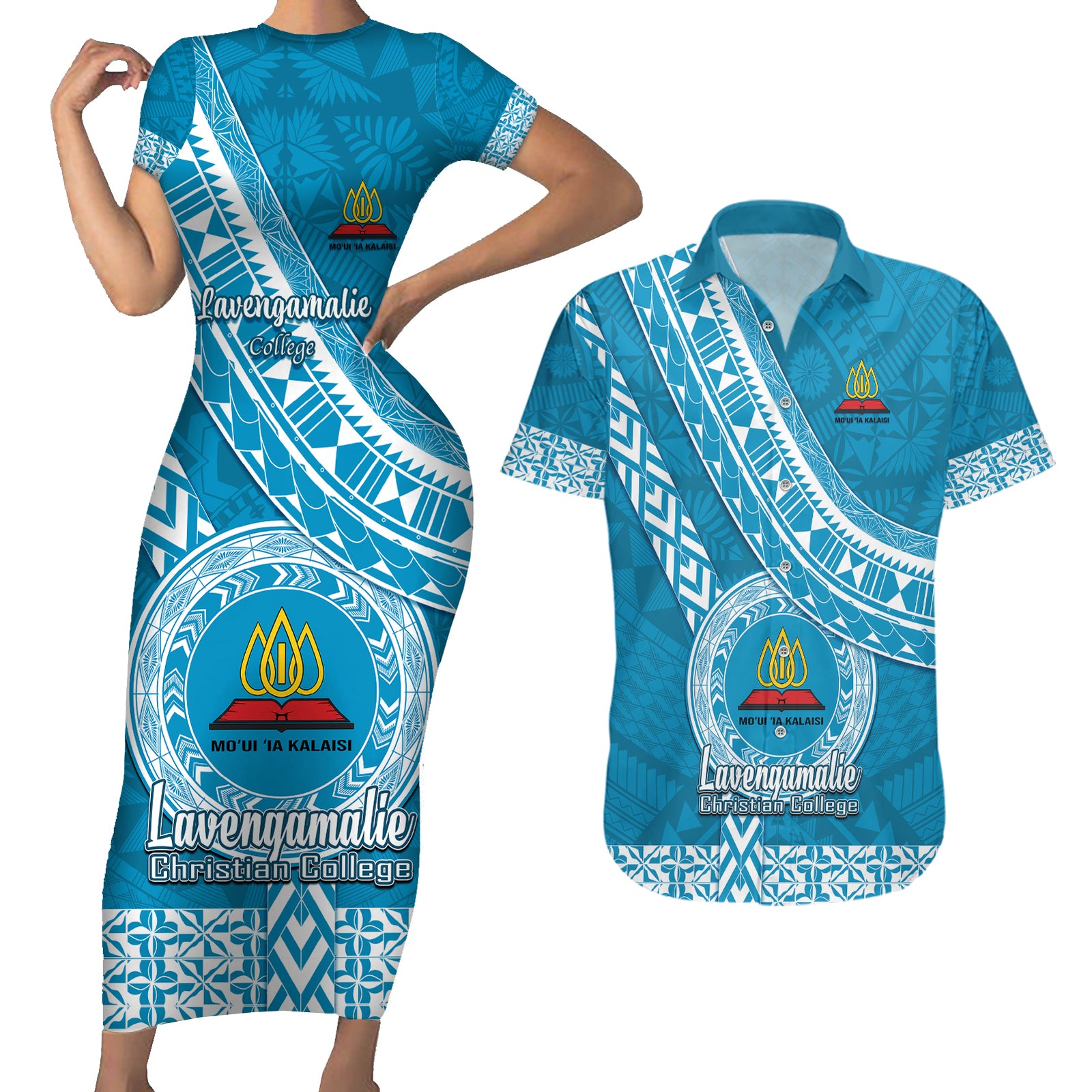 Custom Lavengamalie College Couples Matching Short Sleeve Bodycon Dress and Hawaiian Shirt Tongan Kupesi Pattern LT05 Blue - Polynesian Pride