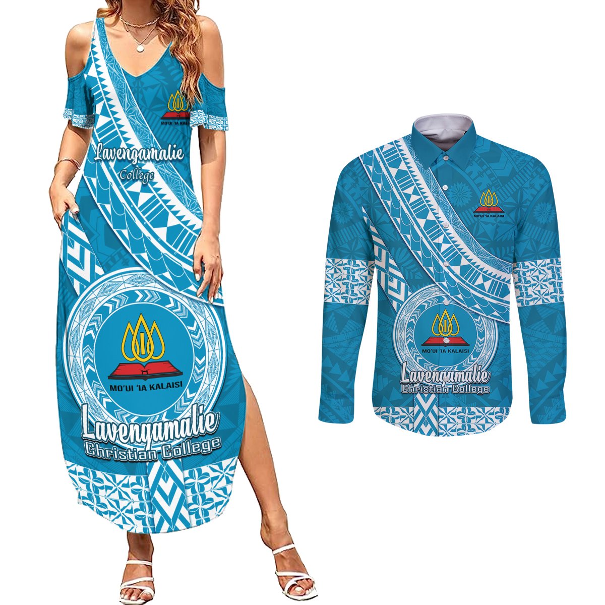 Custom Lavengamalie College Couples Matching Summer Maxi Dress and Long Sleeve Button Shirts Tongan Kupesi Pattern LT05 Blue - Polynesian Pride