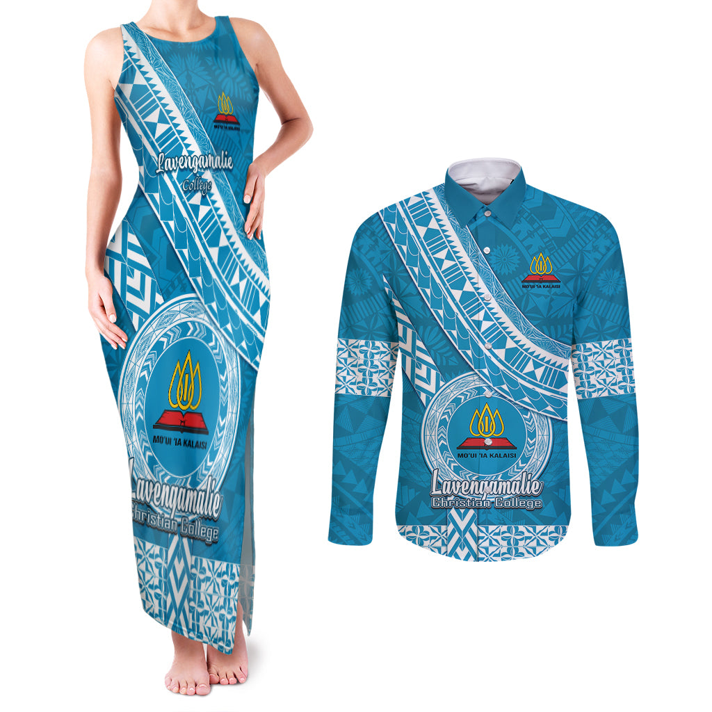 Custom Lavengamalie College Couples Matching Tank Maxi Dress and Long Sleeve Button Shirts Tongan Kupesi Pattern LT05 Blue - Polynesian Pride