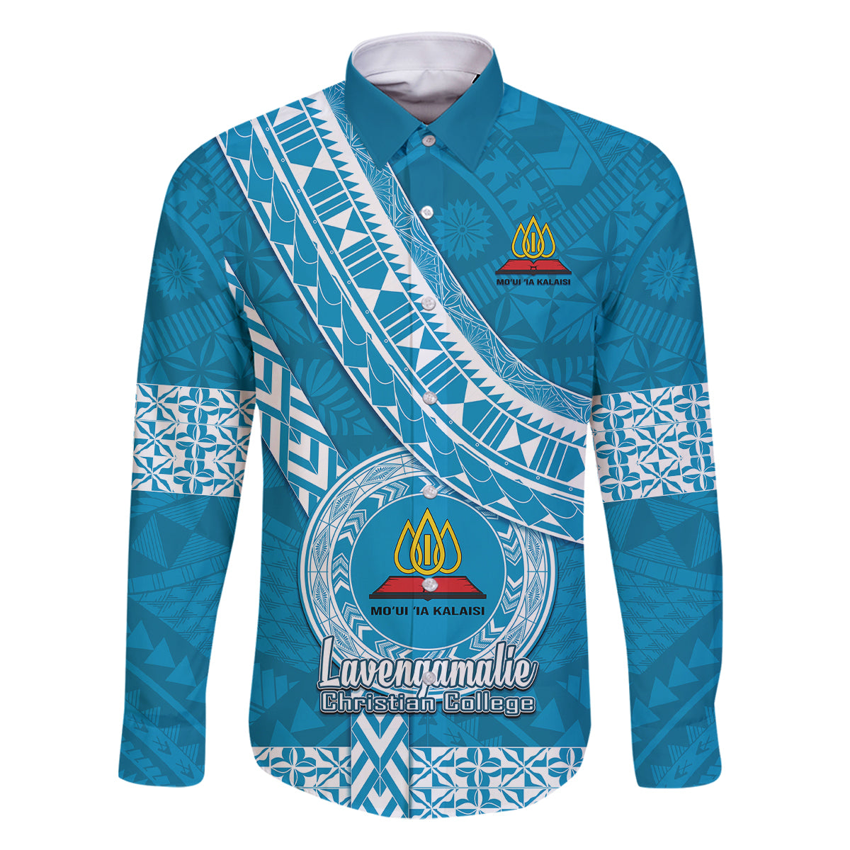 Custom Lavengamalie College Family Matching Mermaid Dress and Hawaiian Shirt Tongan Kupesi Pattern LT05 Dad's Shirt - Long Sleeve Blue - Polynesian Pride