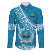 Custom Lavengamalie College Family Matching Puletasi Dress and Hawaiian Shirt Tongan Kupesi Pattern LT05 Dad's Shirt - Long Sleeve Blue - Polynesian Pride
