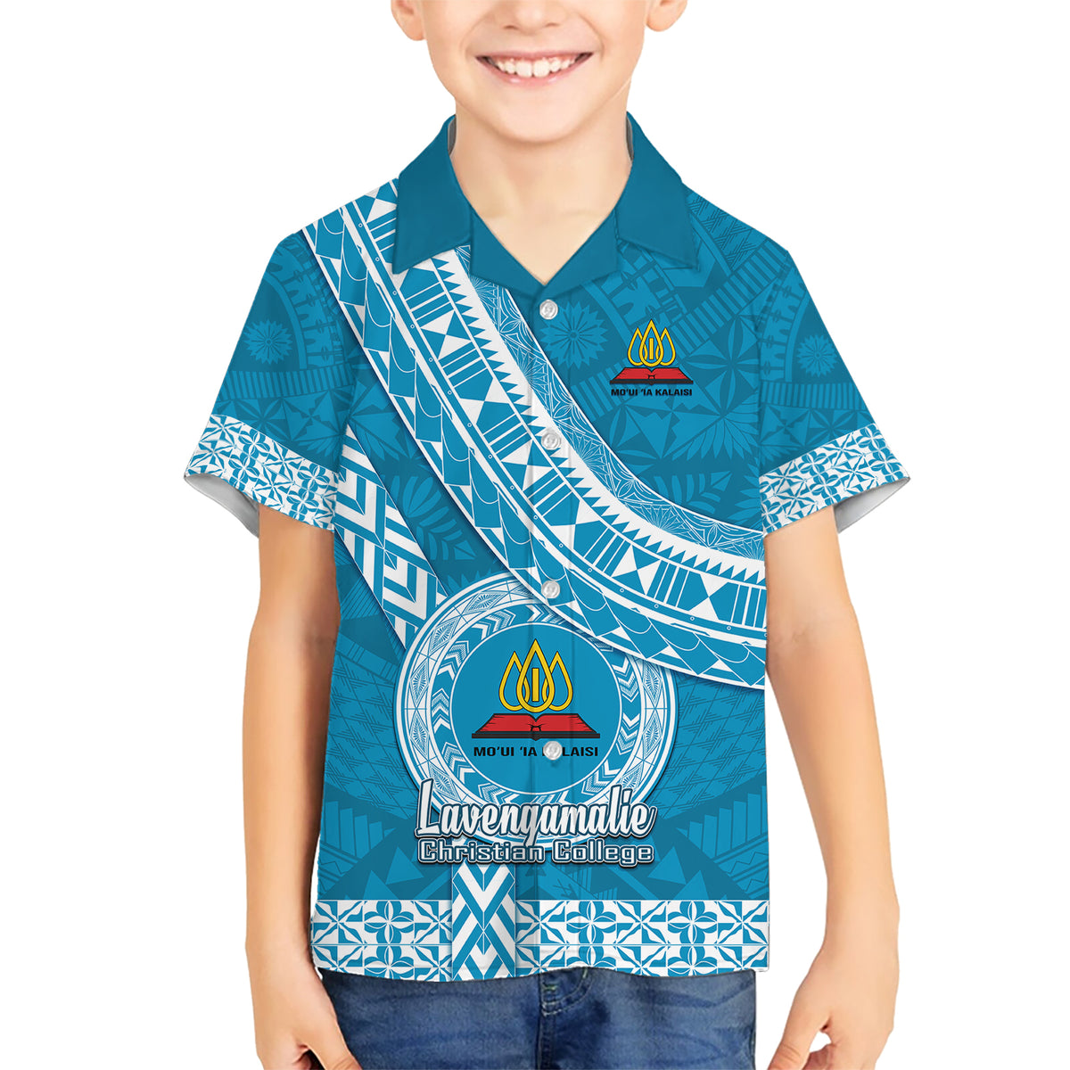 Custom Lavengamalie College Kid Hawaiian Shirt Tongan Kupesi Pattern LT05 Kid Blue - Polynesian Pride