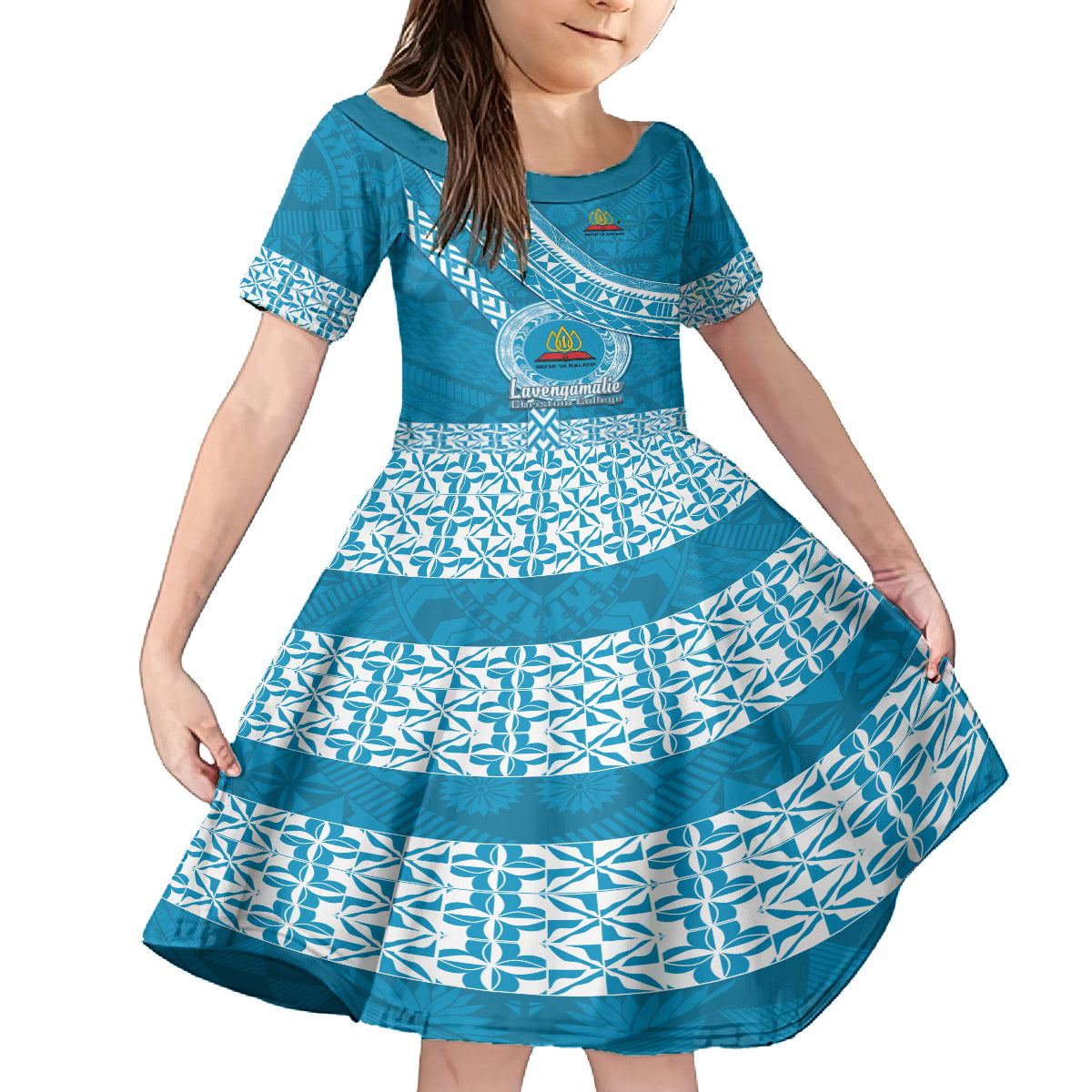 Custom Lavengamalie College Kid Short Sleeve Dress Tongan Kupesi Pattern LT05 KID Blue - Polynesian Pride