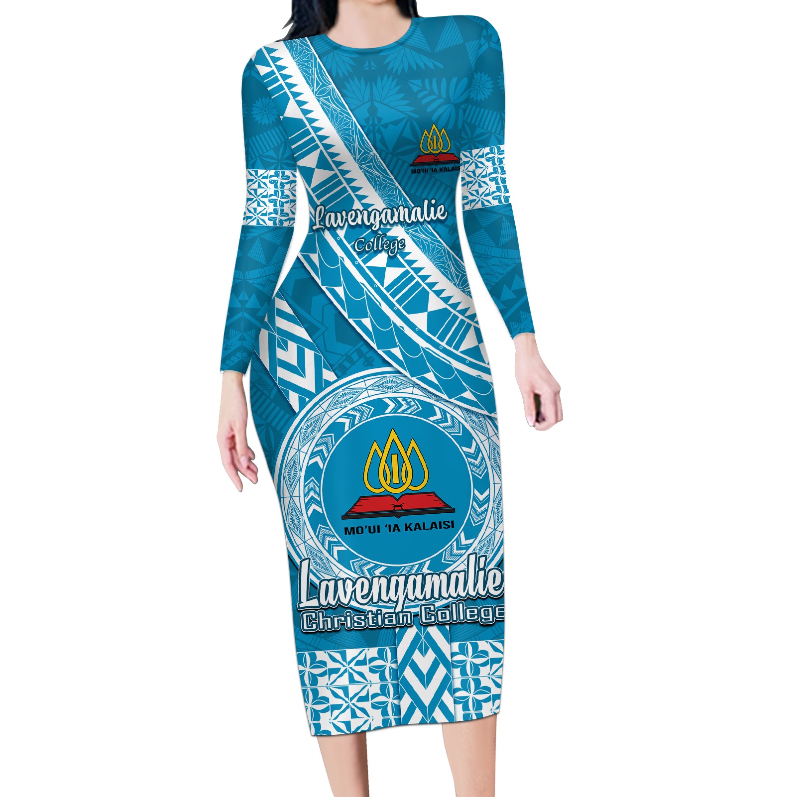 custom-lavengamalie-college-long-sleeve-bodycon-dress-tongan-kupesi-pattern