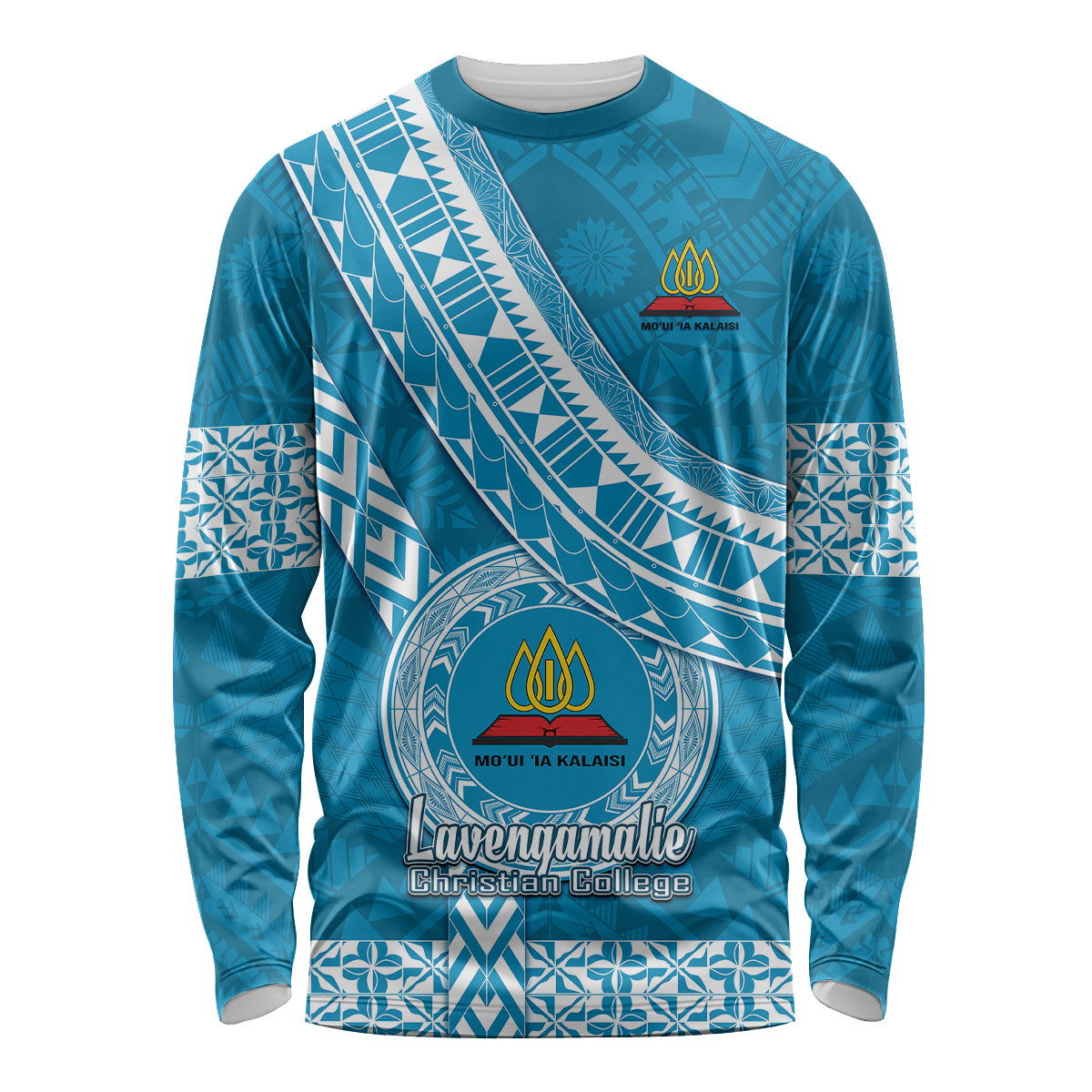 Custom Lavengamalie College Long Sleeve Shirt Tongan Kupesi Pattern LT05 Unisex Blue - Polynesian Pride