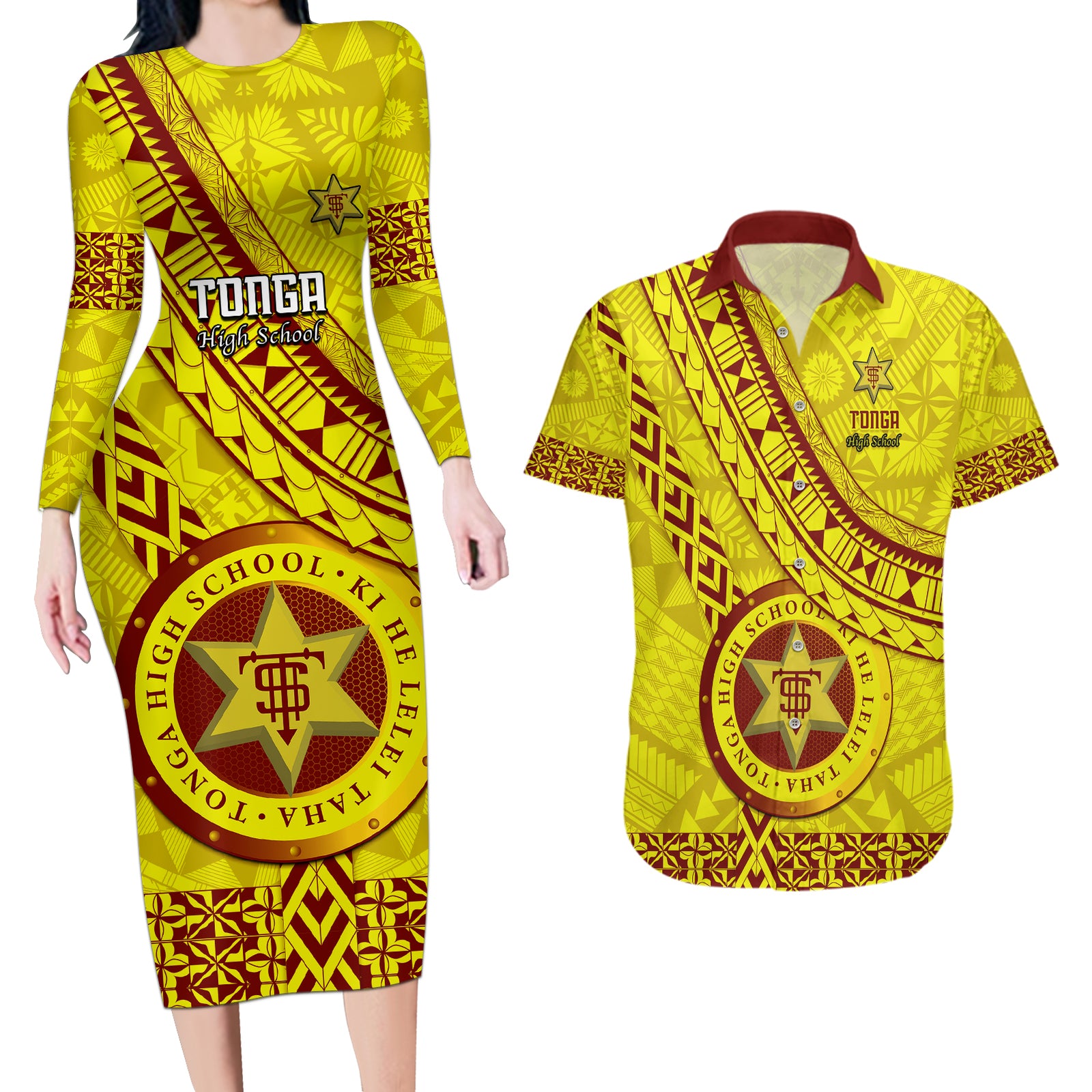 Custom Tonga High School Couples Matching Long Sleeve Bodycon Dress and Hawaiian Shirt Tongan Kupesi Pattern LT05 Yellow - Polynesian Pride
